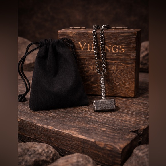 Thor’s Hammer Mjolnir Necklace Viking Scandinavian Men Gift Free wooden box